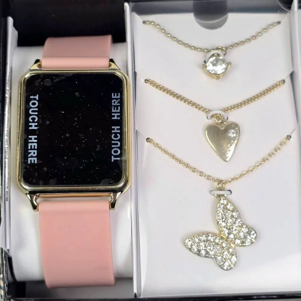 Aeropostale Digital Watch Jewelry Set Pink Gold Tone